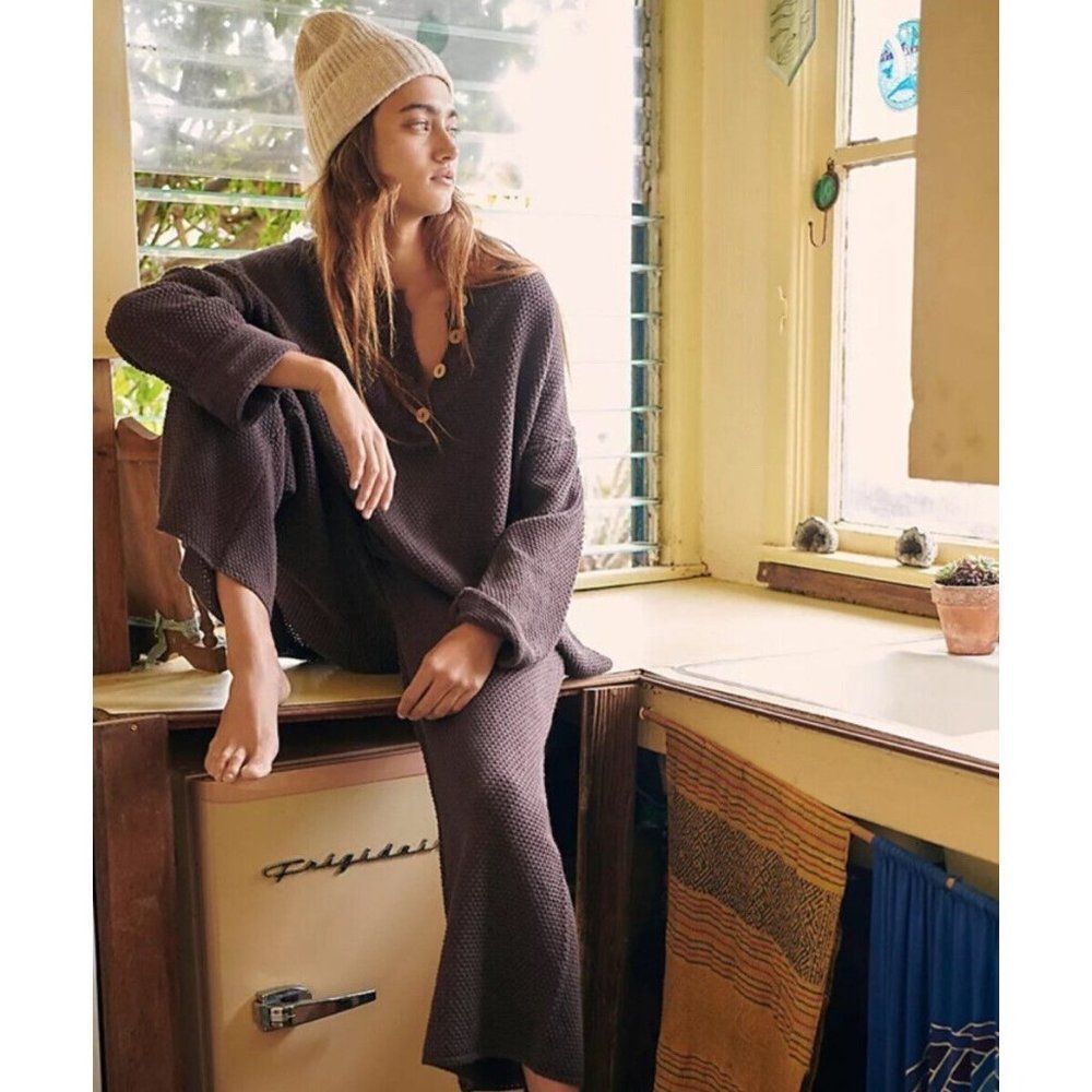 FREE PEOPLE BEACH HAILEE SWEATER SET HENLEY PULLOVER & WIDE LEG PANT